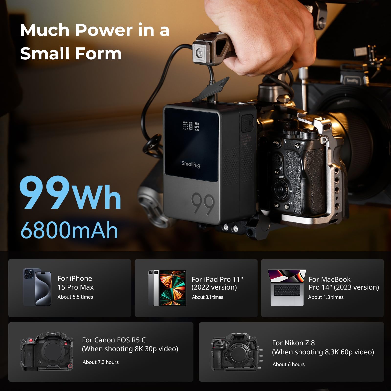 SMALLRIG V Mount Battery VB99, 99Wh / 6800mAh V Lock Battery with 100W Output, 2H Full Charge, with USB-C, D-TAP, USB-A, Dual DC Port, OLED Screen, for Camera, Camcorder, Monitor, Video Light
