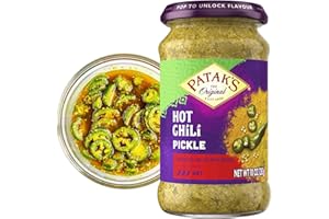 PATAK'S Patak’s Hot Chile Pickle - Authentic Indian Relish w/Green Chiles, Mustard Seeds & Aromatic Spices - Perfect for Sandwiches, Curries, Salads & Cold Meats - Vegan Spicy Pickle - 10oz Jar (Pack of 1)