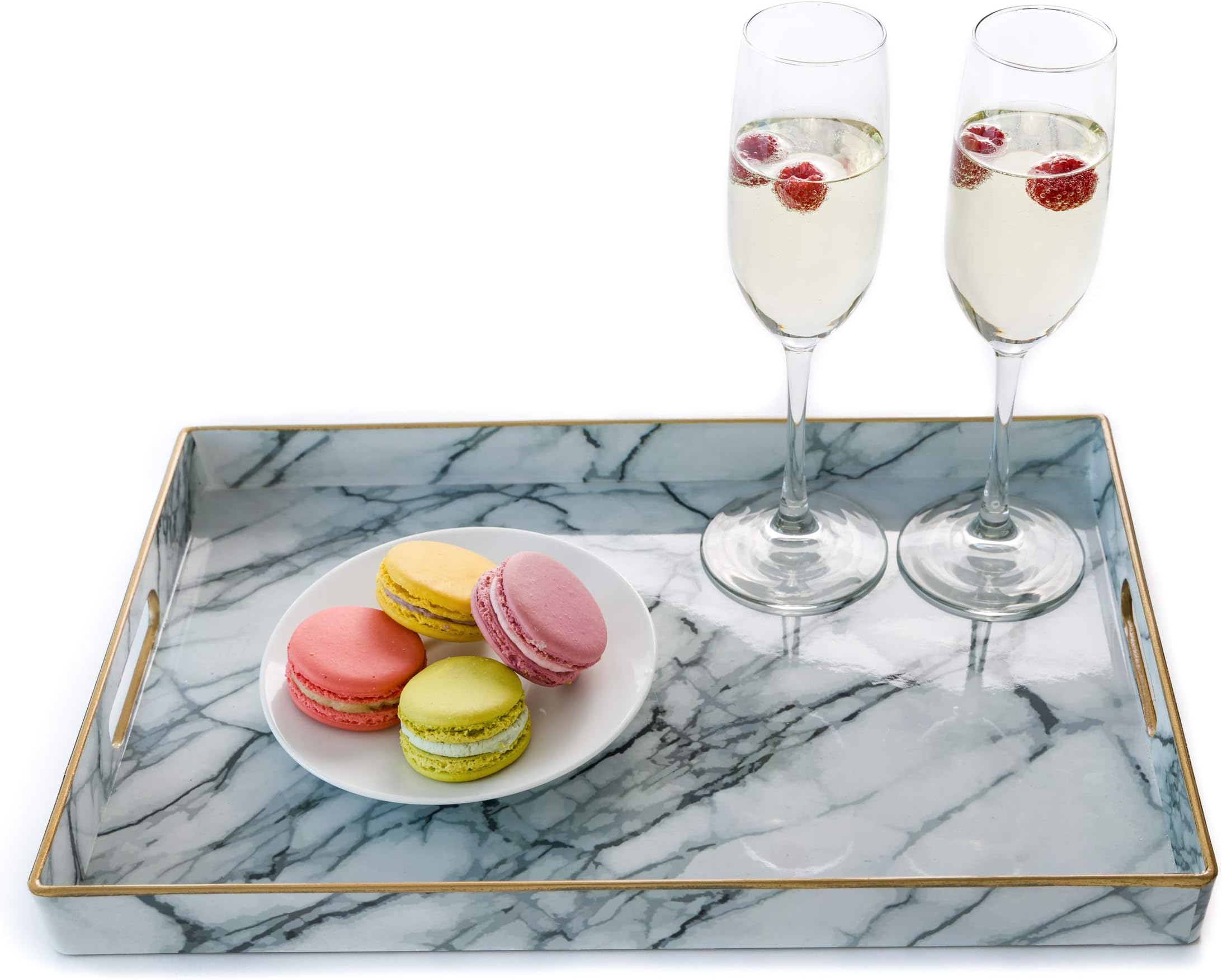 Corkery Marble color rectangle Serving Tray, Durable Hand Crafted Plastic with built-in rounded handles and hand painted gold accents