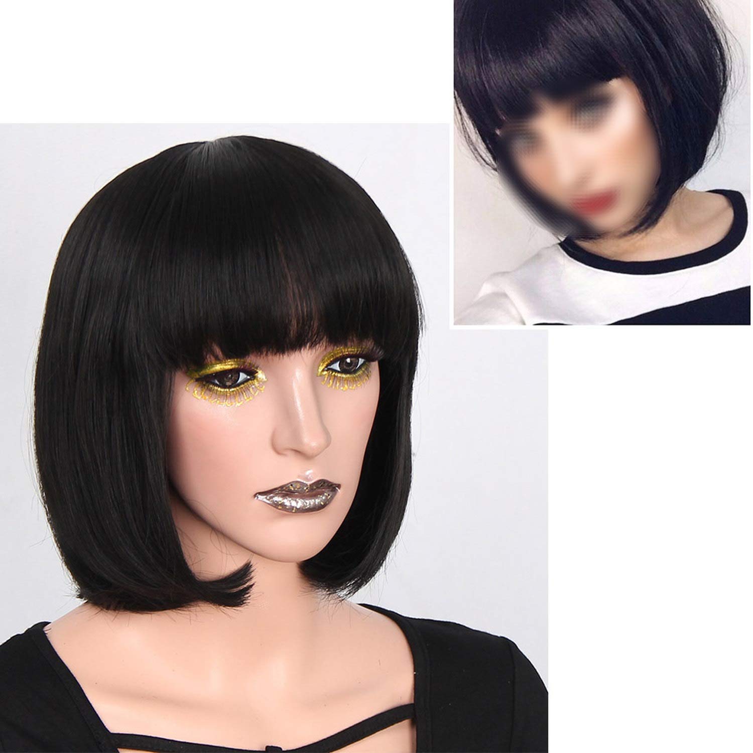 Amazon Com Syntheticwig 12 Inch Black Bob Short Black Wigs For