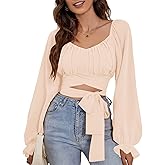 Rooscier Women's Ruched Wrap Square Neck Flounce Long Sleeve Self Tie Crop Top Blouse