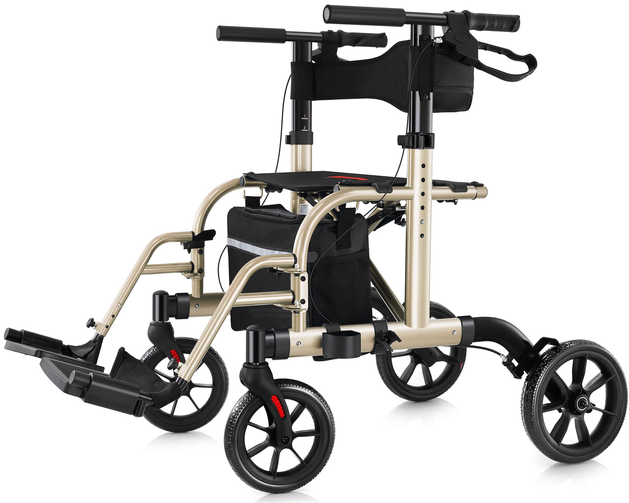WALK MATE 2 in 1 Rollator Walker Transport Chair for Seniors, 10” Wheels Medical Rollator for Seniors with Widen Seat Backrest, Detachable & Adjustable Footrests Folding Walker Wheelchair Combo, Gold