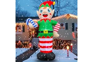SEASONBLOW 12 FT LED Light Up Inflatable Christmas Giant Elf Holds Candy Cane Decoration for Yard Lawn Garden Home Party Indoor Outdoor
