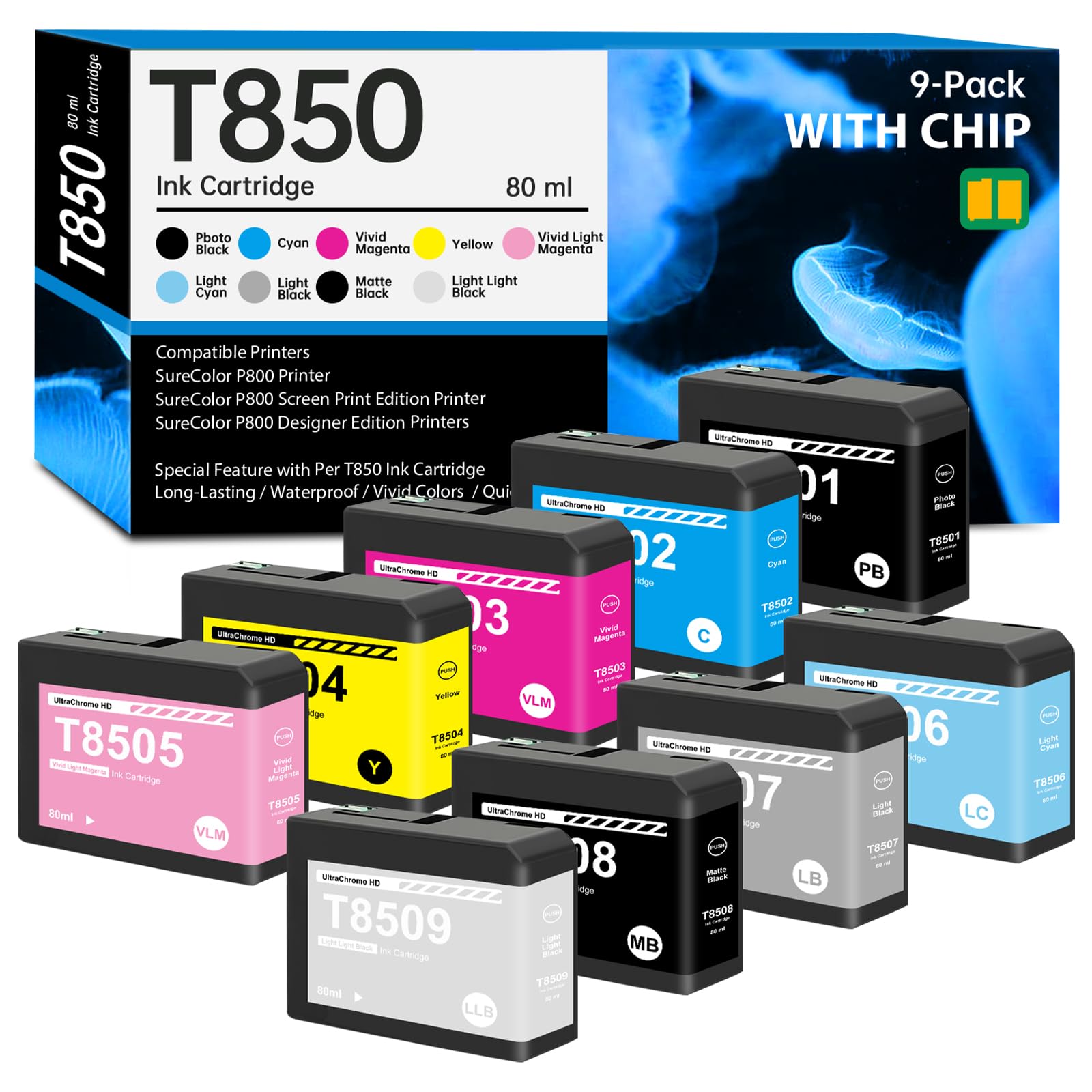 Photo 1 of T850 UltraChrome HD Ink Cartridges (New Chip) for T850 T8501 T8502 T8503 T8504 T8505 T8506 T8507 T8508 T8509 Remanufactured for SureColor P800 SC-P800 Inkjet Printers, 9-Pack High Capacity P800 Ink