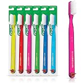 GUM Classic Adult Soft Toothbrush, Compact Head, 1 Count (6 Pack) | Dome Trim raised bristles, Rubber tip dental pick included, Latex-free massager