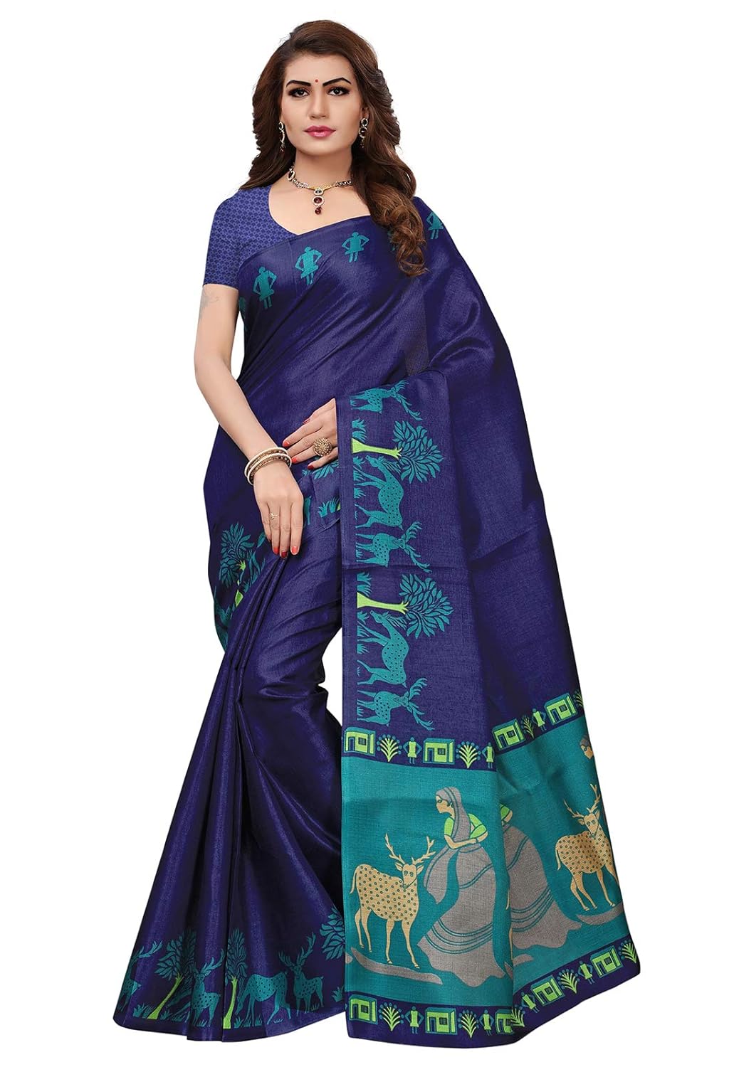 ishin women's polysilk navy blue printed saree/sari with blouse piece