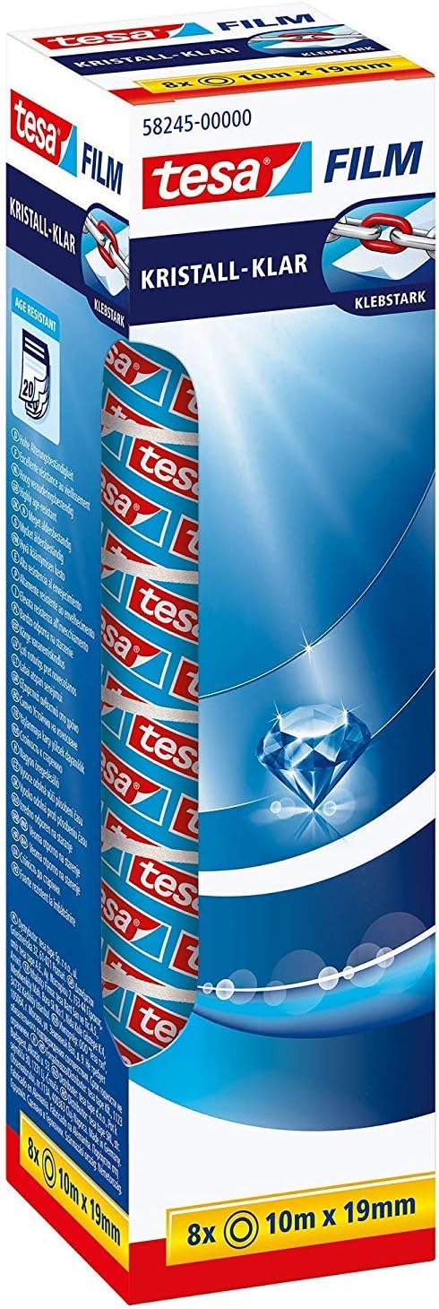tesa UK film Crystal-Clear Adhesive Tape - High Transparency, Age Resistant Office Tape with Strong Adhesion, 10 m x 19 mm - Pack of 8