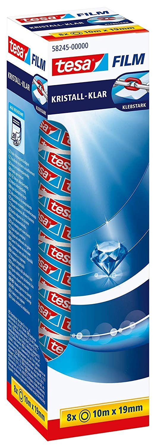tesa UK film Crystal-Clear Adhesive Tape - High Transparency, Age Resistant Office Tape with Strong Adhesion, 10 m x 19 mm - Pack of 8 โ image 1