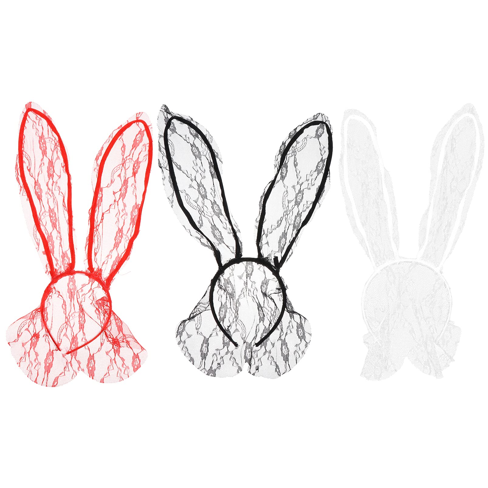 Lurrose 3Pcs Lace Bunny Ears Veil Headbands Cat Ear Hairbands Party Decorative Headpieces for Nightclubs Masquerade Halloween Christmas Cosplay Costume White Red Black