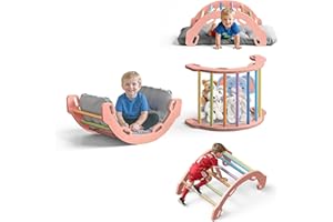 COSYLAND Kids Climbing Arch Rocker with Cushion - Solid Wooden Toddler Climbing Toys Indoor with Handrails on Each Side - Indoor Playground Arch Pikler Climbing Ladder (Pink Frame, Rainbow Sticks)