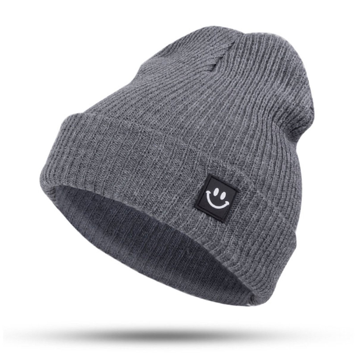 EVRFELAN Women Winter Hat Cuffed Plain Knit Beanie Cap Casual Knitted Warm Skullcap with Smile Face(Gray)