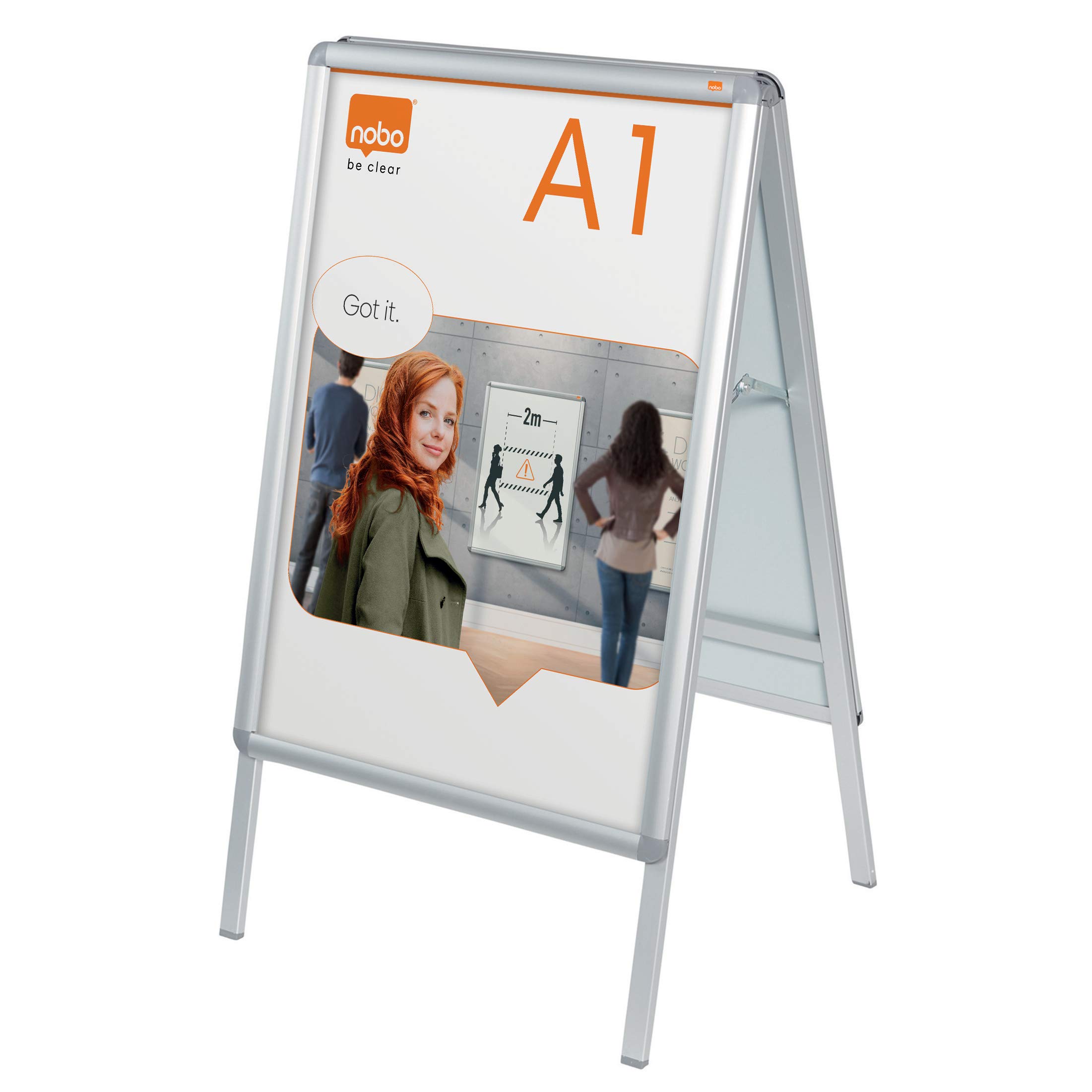 Nobo A1 A-Board Sign Holder With Snap Frame, Free-Standing, Double-Sided, Aluminium Trim, Anti-Glare Protective Cover, Premium Plus, Silver, 1902206