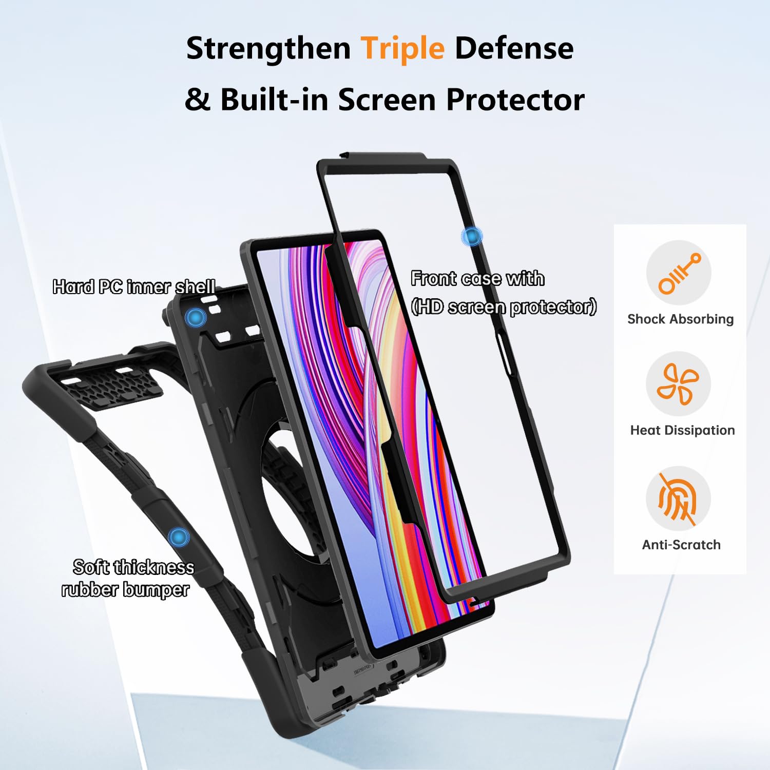 ROISKIN für Redmi Pad 2 Pro 2025/Redmi Pad Pro 2024/Poco Pad M1 12.1 Zoll mit Displayschutz,Drehbarer Ständer,Schultergurt,Stifthalter, Heavy Duty Stoßfeste Kinder Hülle für Redmi Pad 2 Pro,Schwarz 5