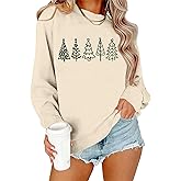 PICKID Christmas Sweatshirts for Women Embroidered Christmas Tree Shirt Xmas Tree Gift Casual Long Sleeve Pullover Tops