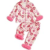 Kavousa Toddler Girl Valentine's Day Satin Pajamas Set Baby Silk Pjs Heart Button Down Shirt Long Pants Sleepwear Spring