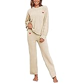 Famulily Womens Cozy Warm Fuzzy Fleece Pjs Sets Cute Heart Embroidery 2 Piece Pajamas Top and Pants Matching Sets