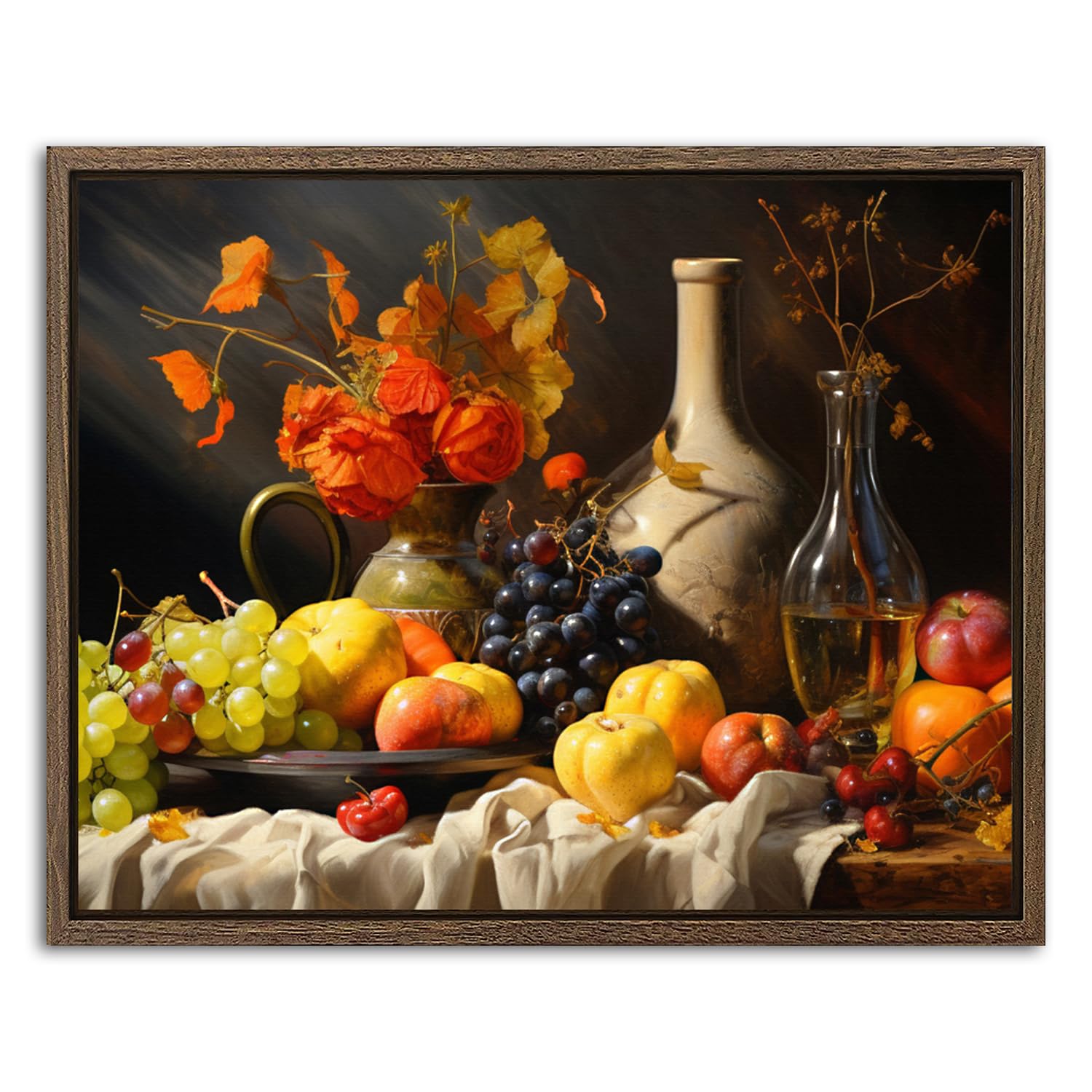 Rustic Fruits Canvas Wall Art for Kitchen Wall Decor Vintage Red Wine Prints Painting with Orange Roses Pictures for Dining Room Decor Classical Farmhouse Framed Artwork Home Decorations 20x25cm