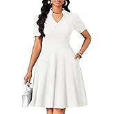 MarryUP Womens Casual Summer Dresses Short Puff Sleeve V Neck A Line Wedding Guest Midi Dresses with Pockets