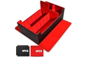 tombert Premium Card Storage Box for MTG PTCG, Large Capacity with 4 Dividers and 4 Insertable Cards, 1600+ PU Leather Commander Card Deck Case, Magnetic Closure Card Holder (Black&red)