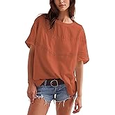 Yidarer Women Summer Oversized Lace Cotton Tops Crew Neck Short Sleeve Cute Shirts Casual Boho Crochet Blouses