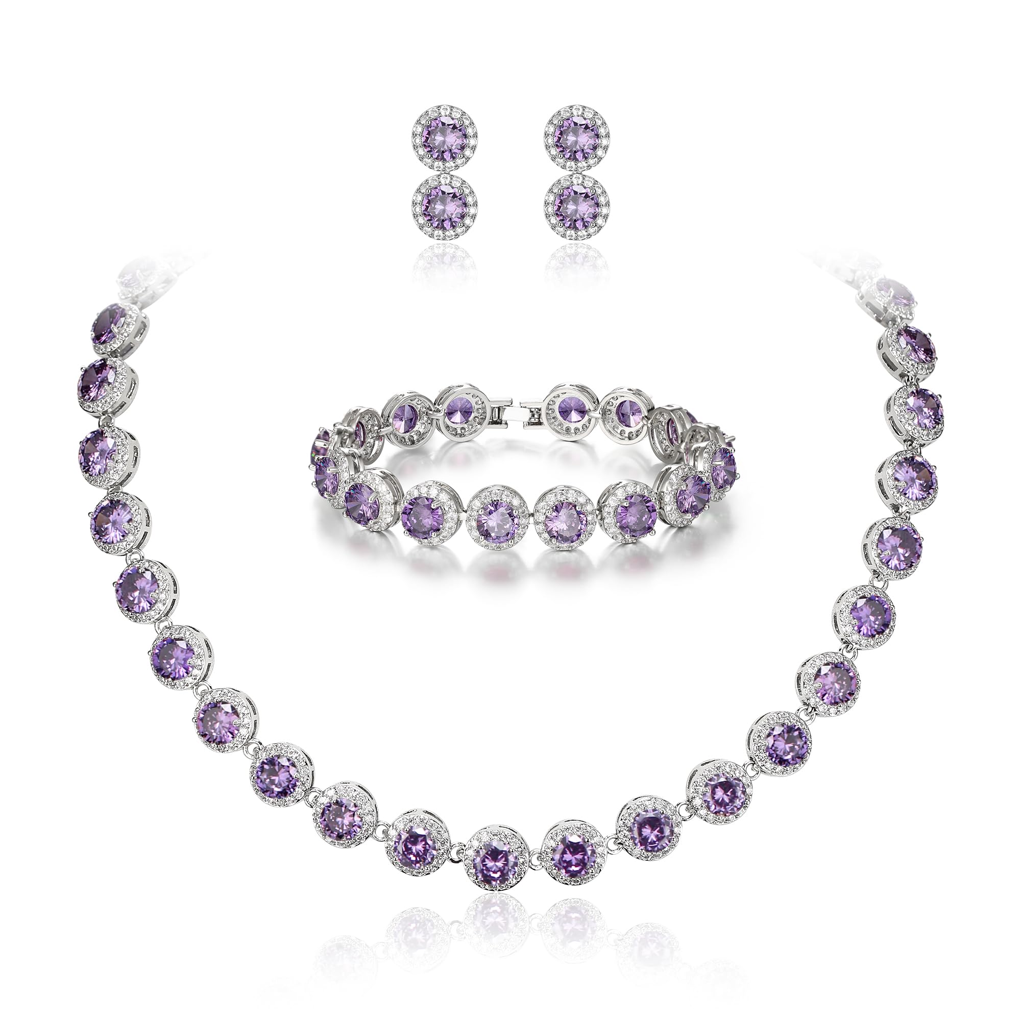 Ever Faith Women's Round Cut Cubic Zirconia Tennis Necklace Bracelet Earrings Set Purple Silver-Tone
