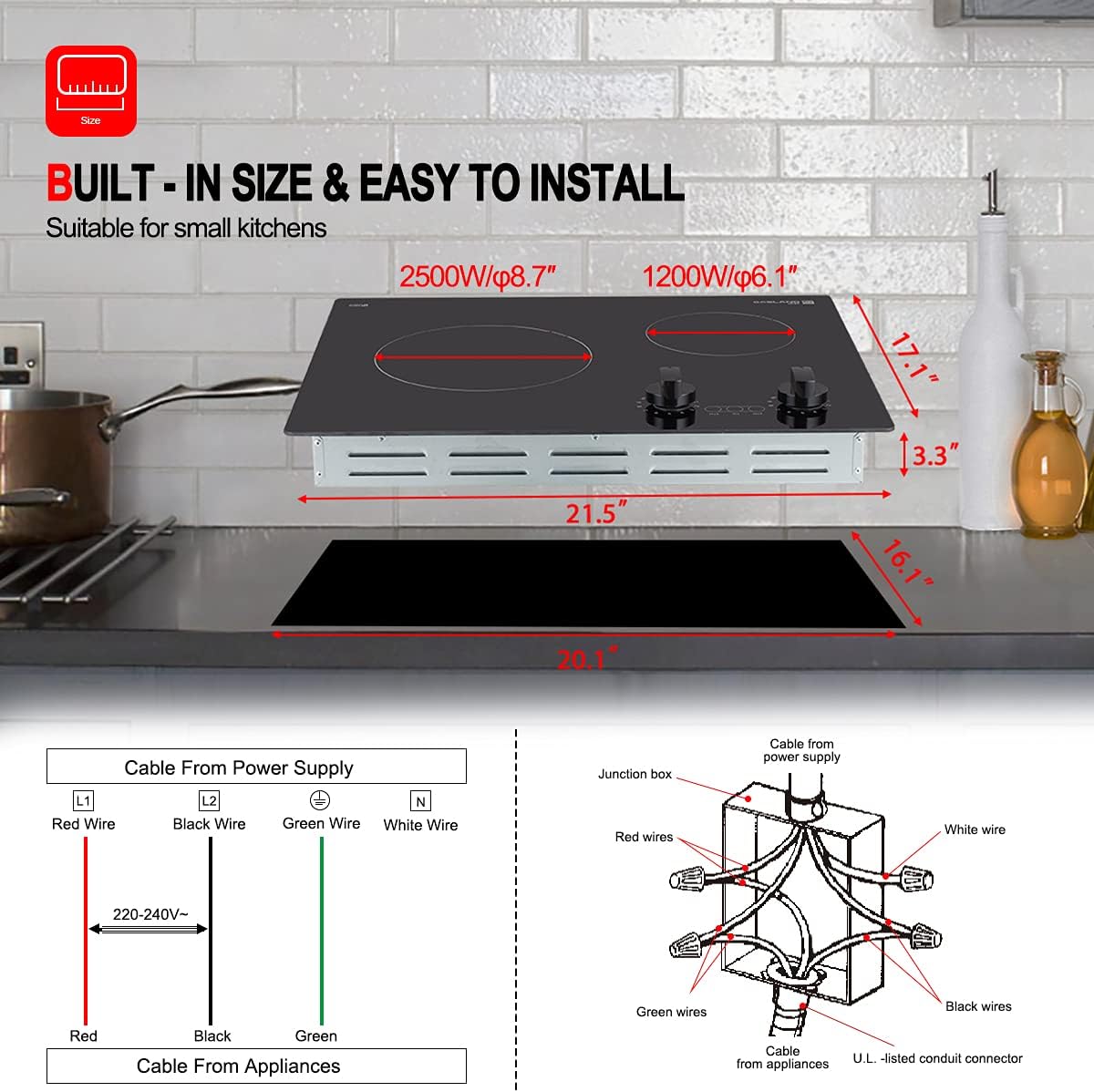 21" Electric Cooktop, GASLAND Chef Professional 21 inch Drop in Radiant Electric Cooktop, 240V Ceramic Electric Stove 2 Burners, 9 Heating Levels, Knobs Control, Instant Heating Up, UL Approved: Appliances