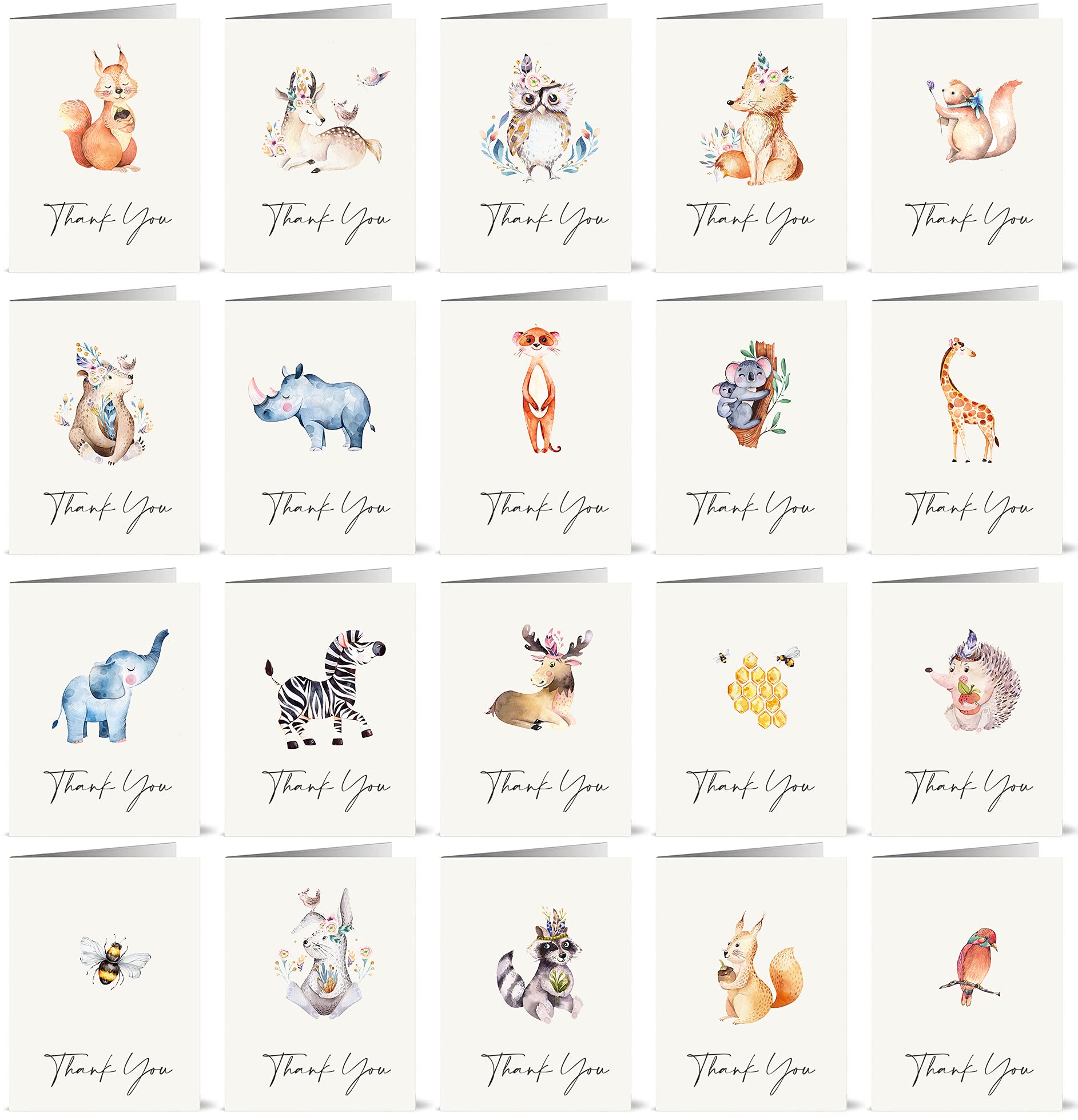 20 Watercolour Thank You Cards (Animals)
