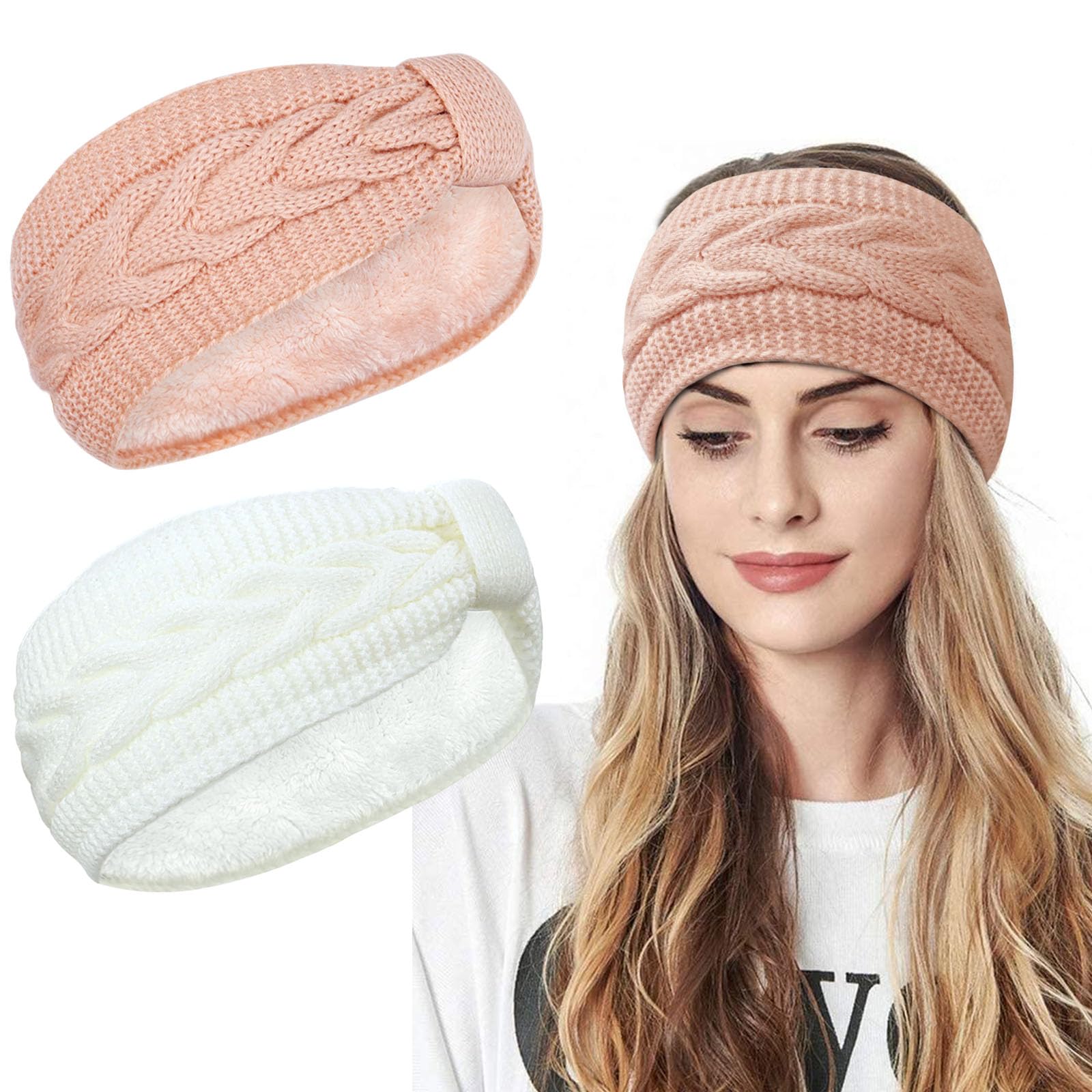 Kavya Winter Headbands for Women's Hair, Knitted Headband Soft Lining Cable Ear Warmers Comfy Ear Muffs Crochet Ladies Head Band Ski Walks Gifts for Women Girl