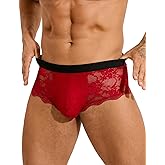 ohyeah Mens Sexy Lace Underwear Low Waist Boxer Briefs with Pouch Breathable Briefs Mesh Trunks Lingerie Underpants Fit S-XXL