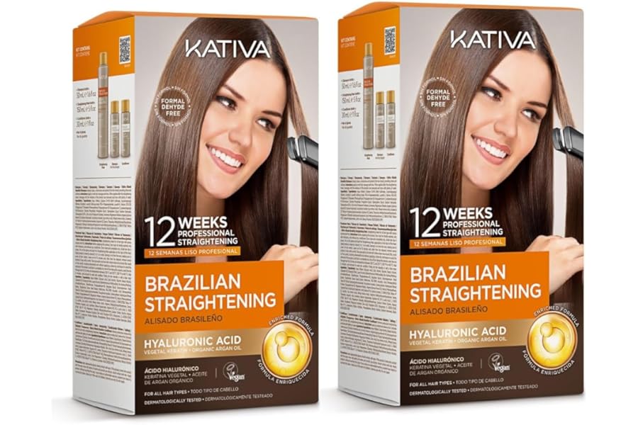Kativa Brazilian Straightening Kit, 12 Weeks of Home Use Professional Straightening, with Organic Argan Oil, Shea Butter, Keratin & Amino Acids, for Straighter, Softer and Shinier Hair, All Hair Types – Pack of 2