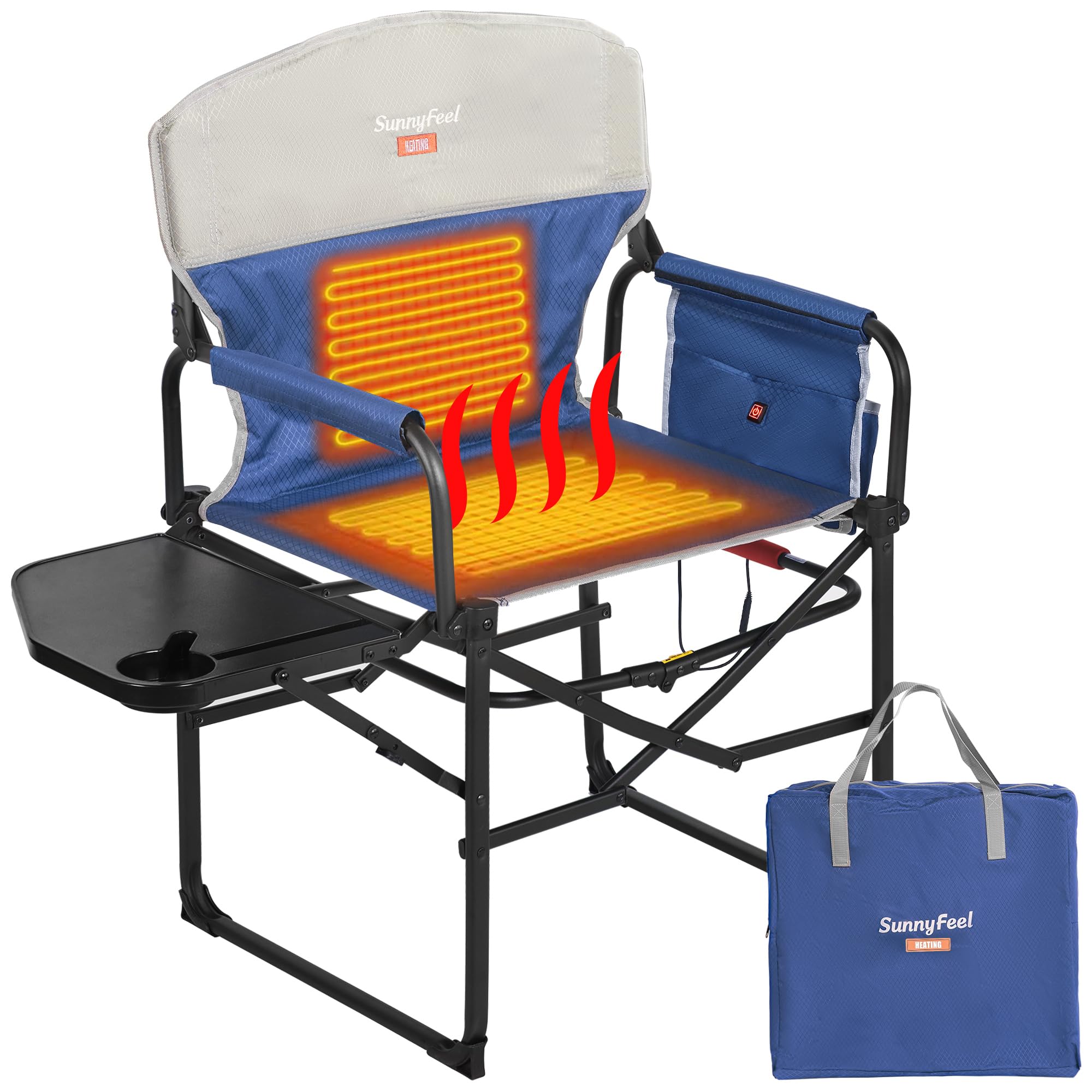 SUNNYFEEL Heated Camping Directors Chair, Heavy Duty,Oversized Outdoor Portable Heating Folding Chair with Side Table, Pocket for Beach, Fishing,Trip,Picnic,Lawn,Concert Foldable Camp Chairs Image