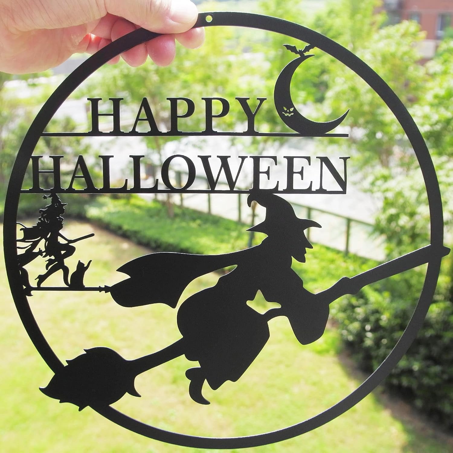 Plaques & Wall Art - ESTART Happy Halloween 11'' Black Metal Witch Moon Bat Cat Wall Hanging Door Decor Art Craft, Perfect for Indoor and Outdoor Home Decoration Gifts for Halloween Party Decorations (Witch Broom)