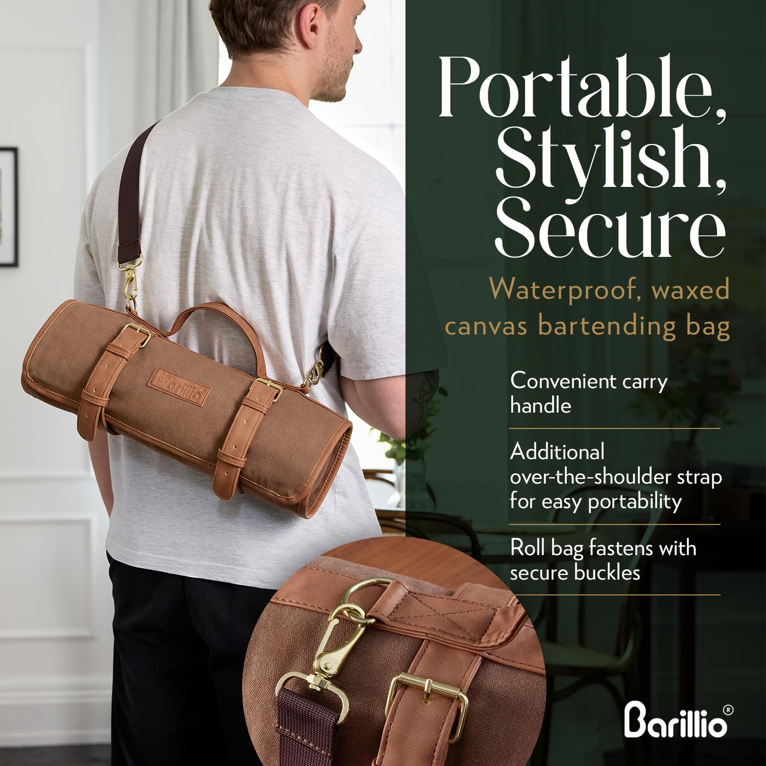 Barillio Bartender Kit Bag with Cocktail Shaker Set - Waxed Canvas, Traveling Bar Tools Bag with 17-Pc Cocktail Kit - Travel Mixology Bartending Kits - Mobile Bar Bag with Strap & Accessories - Silver - Image 5