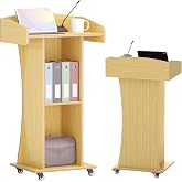 Qriocioa Podium Stand with Metal Wheels Wooden Lectern Podium Stand Portable Pulpit Standing with Storage Mobile Reception Podiums Desk for Church Office School Conference Restaurant Meeting,Oak