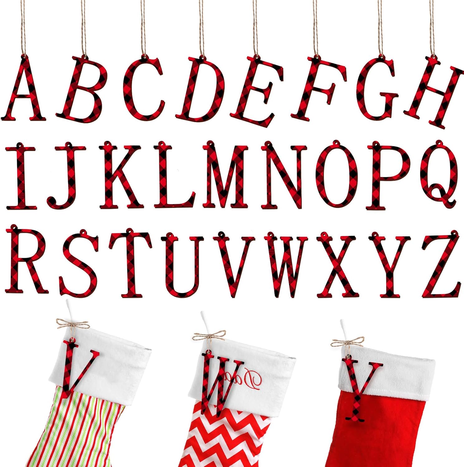 Stockings & Holders - 26 Pieces Christmas Stocking Tags Letter Personalized Tags Farmhouse Name Hanging Tags Christmas Stocking Cutout Tag for Christmas Rustic Decor (Red and Black, Wood)