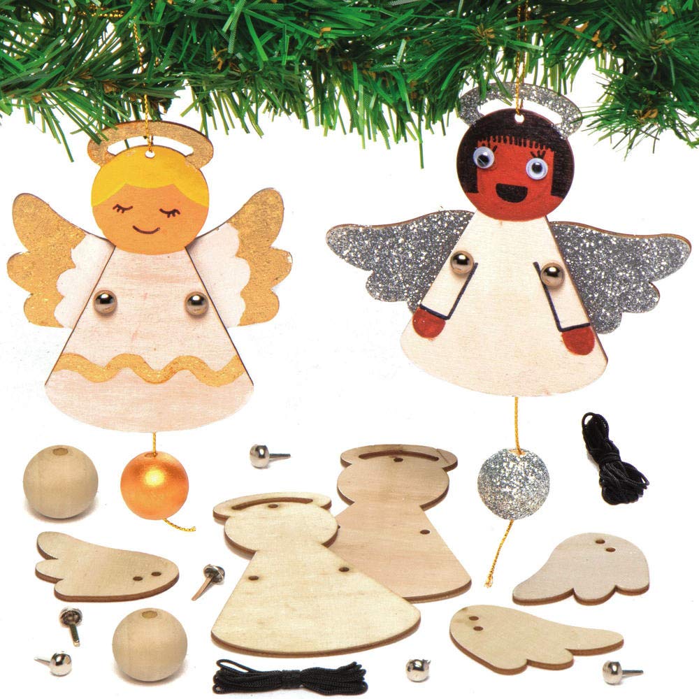Baker Ross AX386 Wooden Angel Puppet Decoration Kits - Pack of 4, Christmas Decorations to Design and Display, Homemade Christmas Crafts for Kids