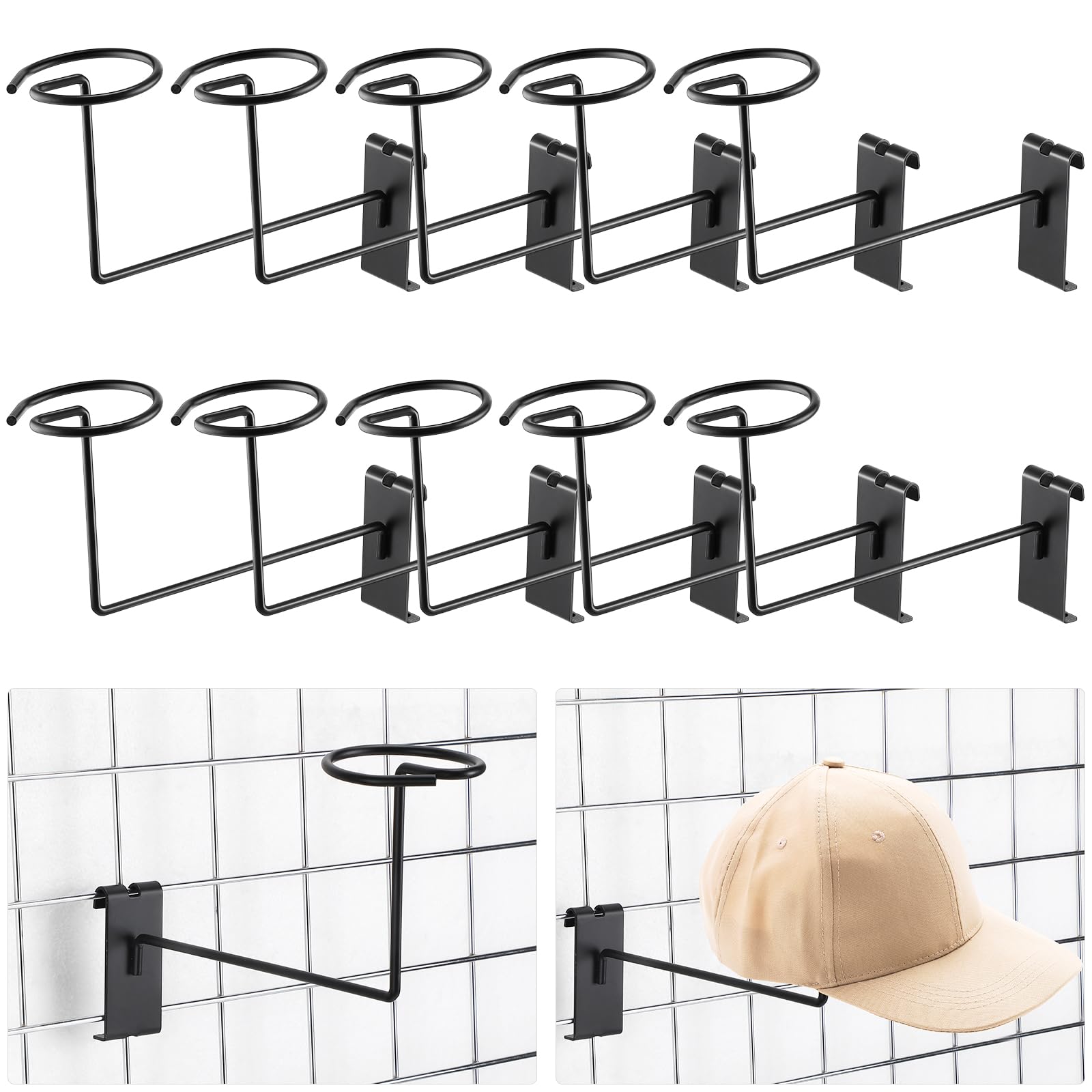 Photo 1 of Blulu 12 Pcs Hat Displayer for Gridwall, Metal Hat Helmet Rack Retail Store Display Shelves Organizer Cap Rack Wall Fixtures Gridwall Hooks Accessories for Craft Show Garage (Black)
