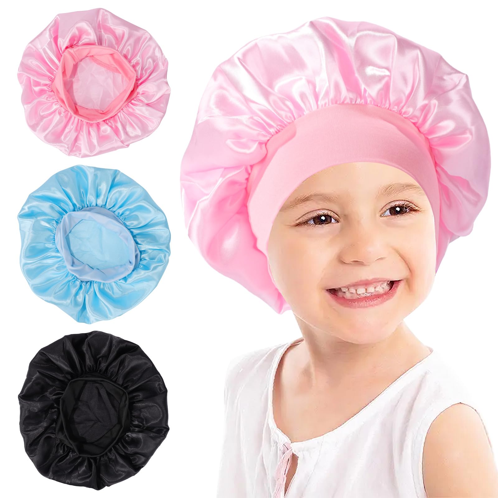 3 Pieces Silk Bonnet for Kids - Soft Smooth Sleeping Hair Wrap for Girls Boys (Black, Blue, Pink) - Adjustable Satin — image 1