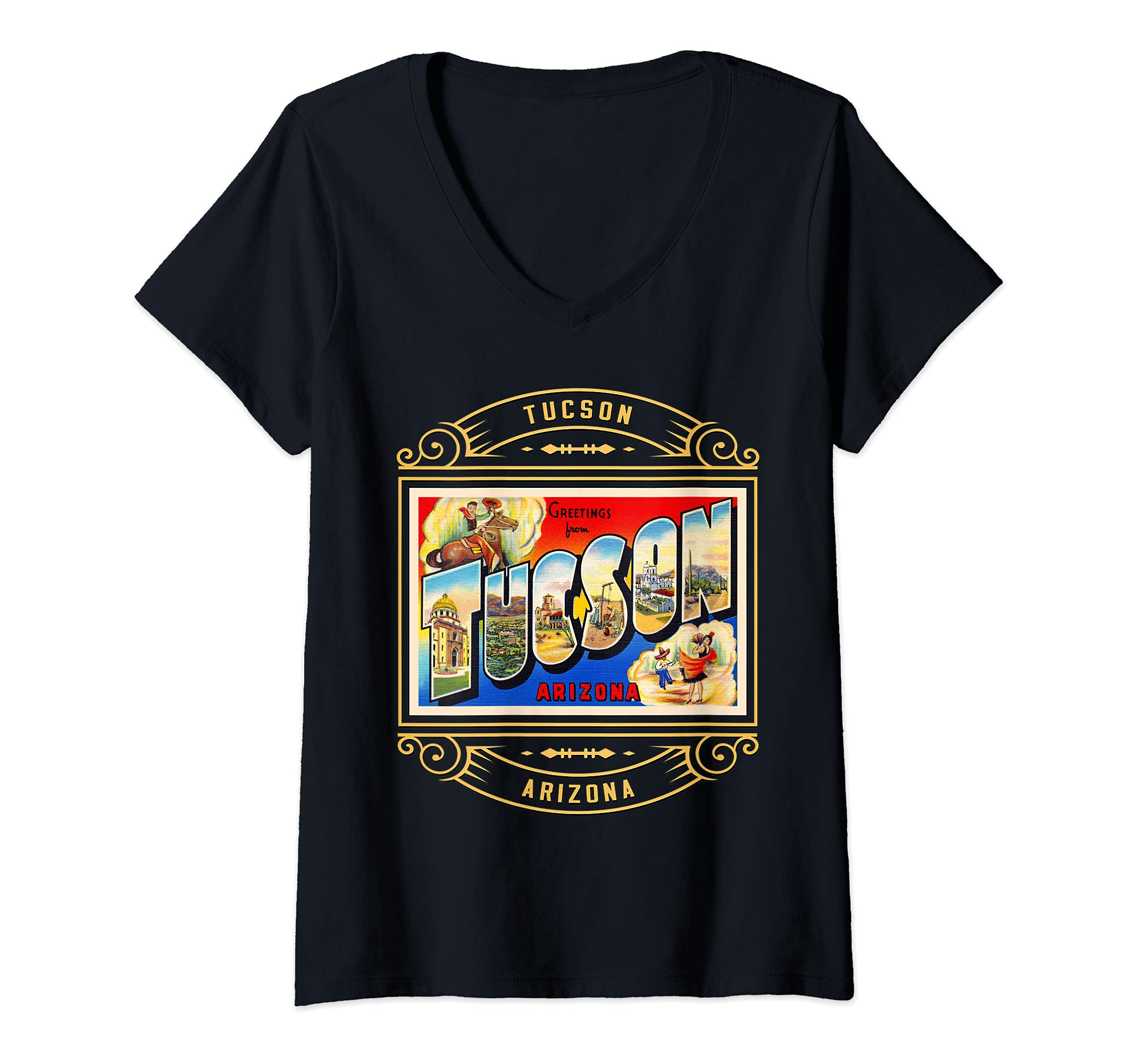 Womens Tucson Arizona AZ Large Letter Travel Postcard 1 V-Neck T-Shirt