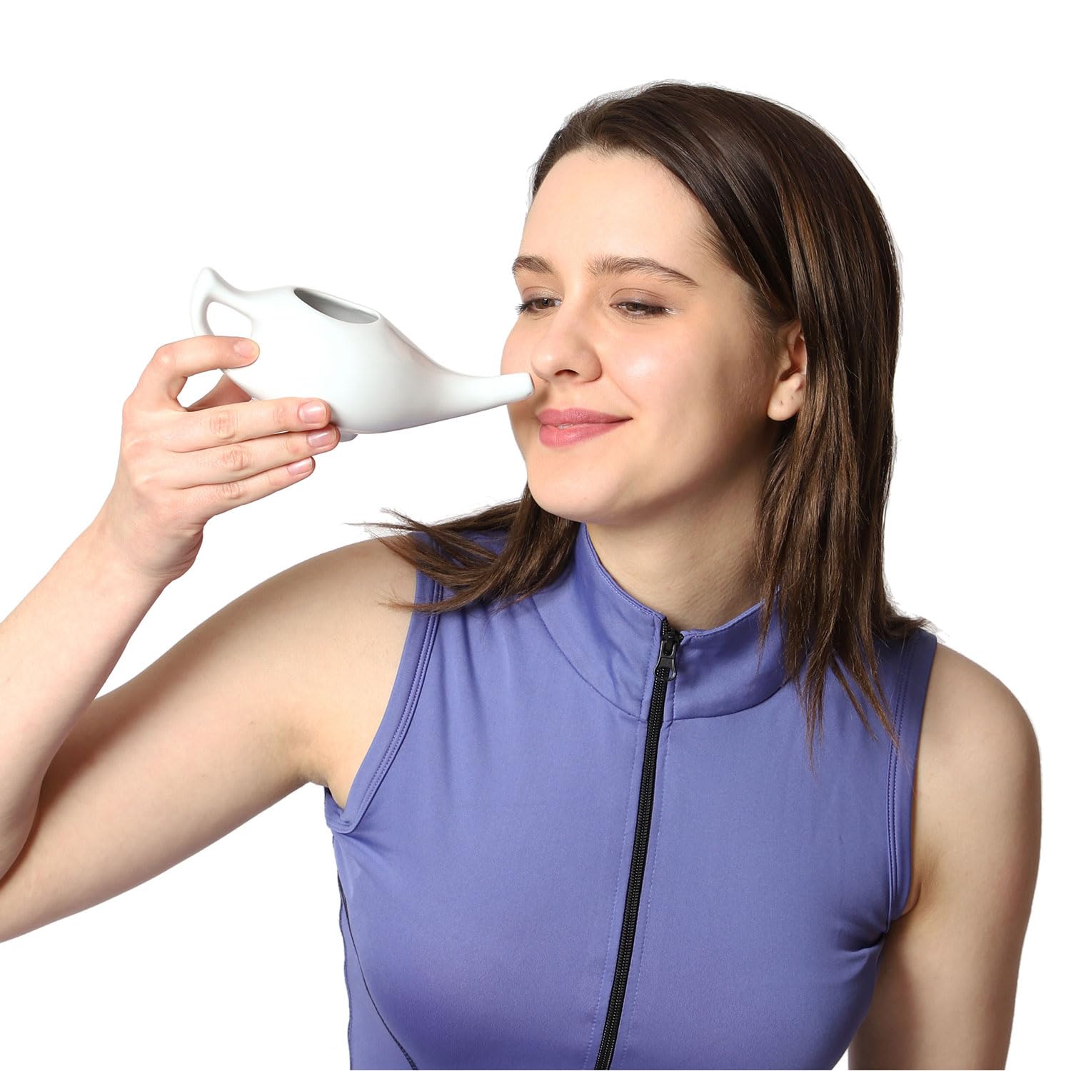 Ceramic Neti Pot Premium Handcrafted, Nose Cleaner for Sinus Dishwasher Safe with 2 Silicone Nozzle Tip, 225 Ml Capacity - White Color