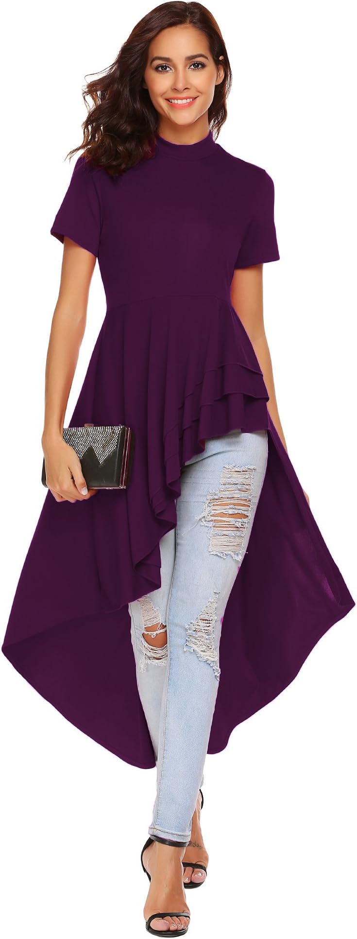 Womens Ruffle High Low Asymmetrical Short Sleeve Bodycon Tops Blouse Shirt Dress