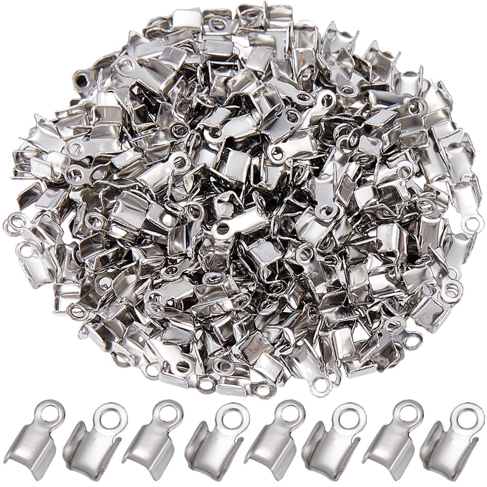 SOFPLATE 1 Box 300Pcs Fold Crimp Ends Fold Over Cord End Stainless Steel Folding End Caps Fold-over Crimp End Tips Silver Terminators Connector Findings for jewellery Making Supplies DIY Crafts