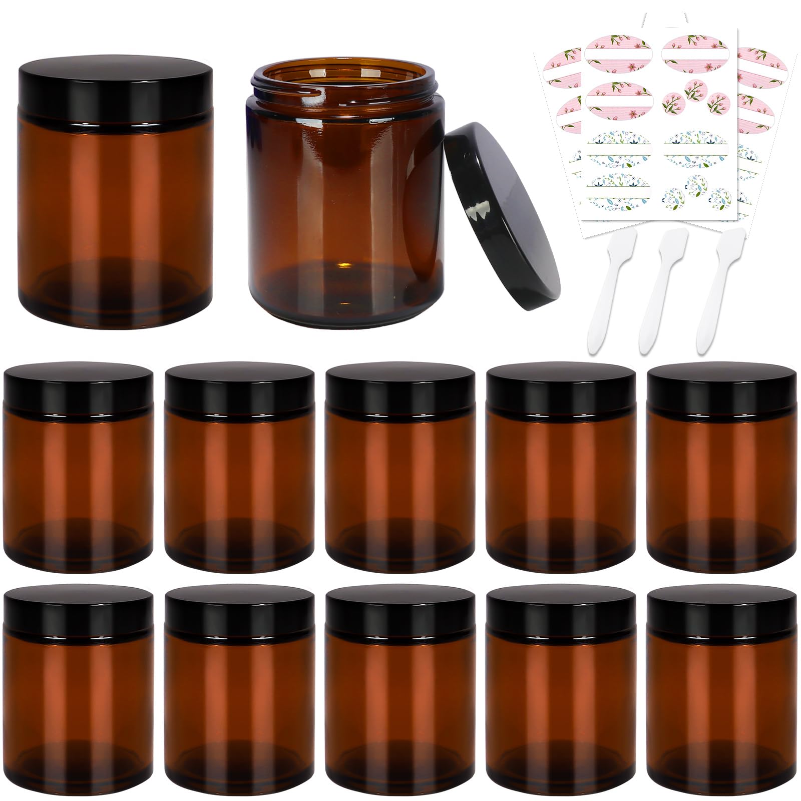 Yishik 8 oz Amber Glass Jars with Lids and Inner Liners,12 Pack Empty Round Cosmetic Containers,Refillable Cream Jars for Lotion,Slime Making — image 1