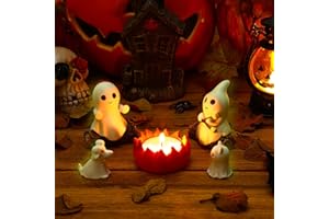 JULEASEL Glow-in-The-Dark Ghost Campfire Gathering, Cute & Cozy Halloween Ghost Figurine Set | 2 Ghosts, Ghost Dog, Ghost Cat and Tea Light Holder | Resin Ghost Statue for Home, Mantel, Shelf, Desk