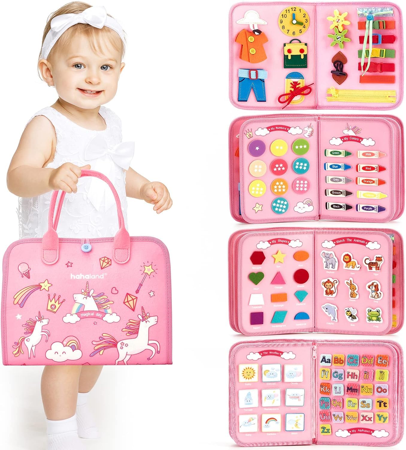 Hahaland Montessori Busy Board for Children of 3+ Years Old, Activity Sensory Book Offers Preschool Educational Skill Learning, Quiet Travel Toys for Plane Car, Birthday Gifts for Girls - Pink Unicorn
