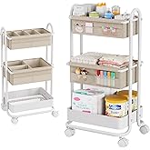 Modanais Baby Diaper Caddy Organizer Cart - 3 Tier Rolling Storage Cart with Wheels, Baby Essentials Nursery Storage, Detachable Dividers - for Crib, Bedroom, Art & Craft Organizer (Off White)