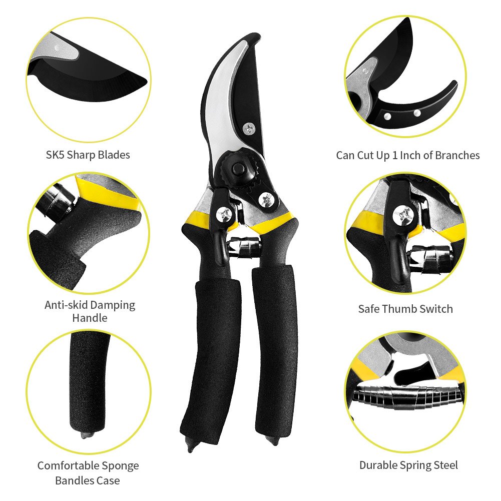 4-FQ Pruning Shears Hand Pruner Professional 8\'\' Premium Titanium Bypass Garden Ratchet Garden Clippers Scissors, Plant Flower SK-5 Steel Blade Cutter for Lawnl