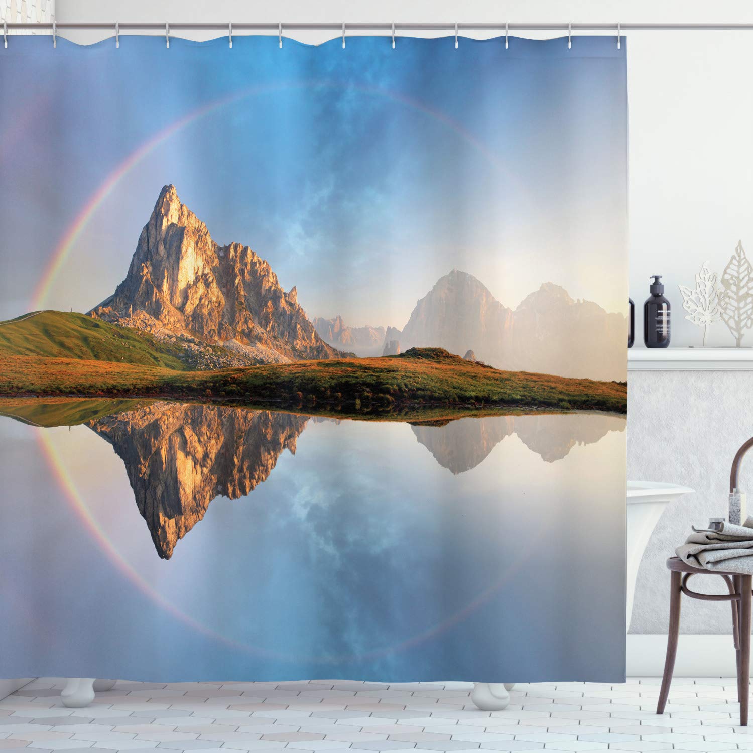 ABAKUHAUS Landscape Shower Curtain, Rainbow over Mountain Lake Reflection in Clear Water Dreamy Spots on Earth Photo, Cloth Fabric Bathroom Decor Set with Hooks, 78 Inches, Multicolor