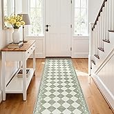 Zealude Checkered Bathroom Runner Rug 2x6, Green Washable Runners for Hallways Non Slip, Moroccan Modern Trellis 2x6 Rug for Bedsides Laundry Kitchen, Checkerboard Stain Resistant Bathroom Decor