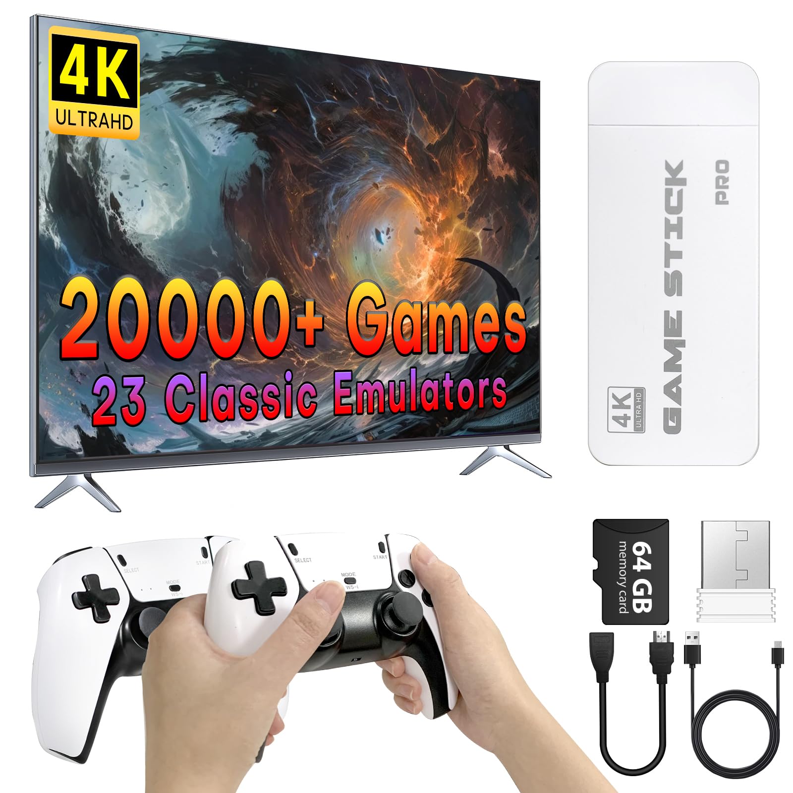 Photo 1 of Retro Gaming Console, 23 Emulators, 4K HD HDMI TV Game Stick, Includes 2 Wireless 2.4GHz Controllers,Plug & Play Video Games for TV(64GB)